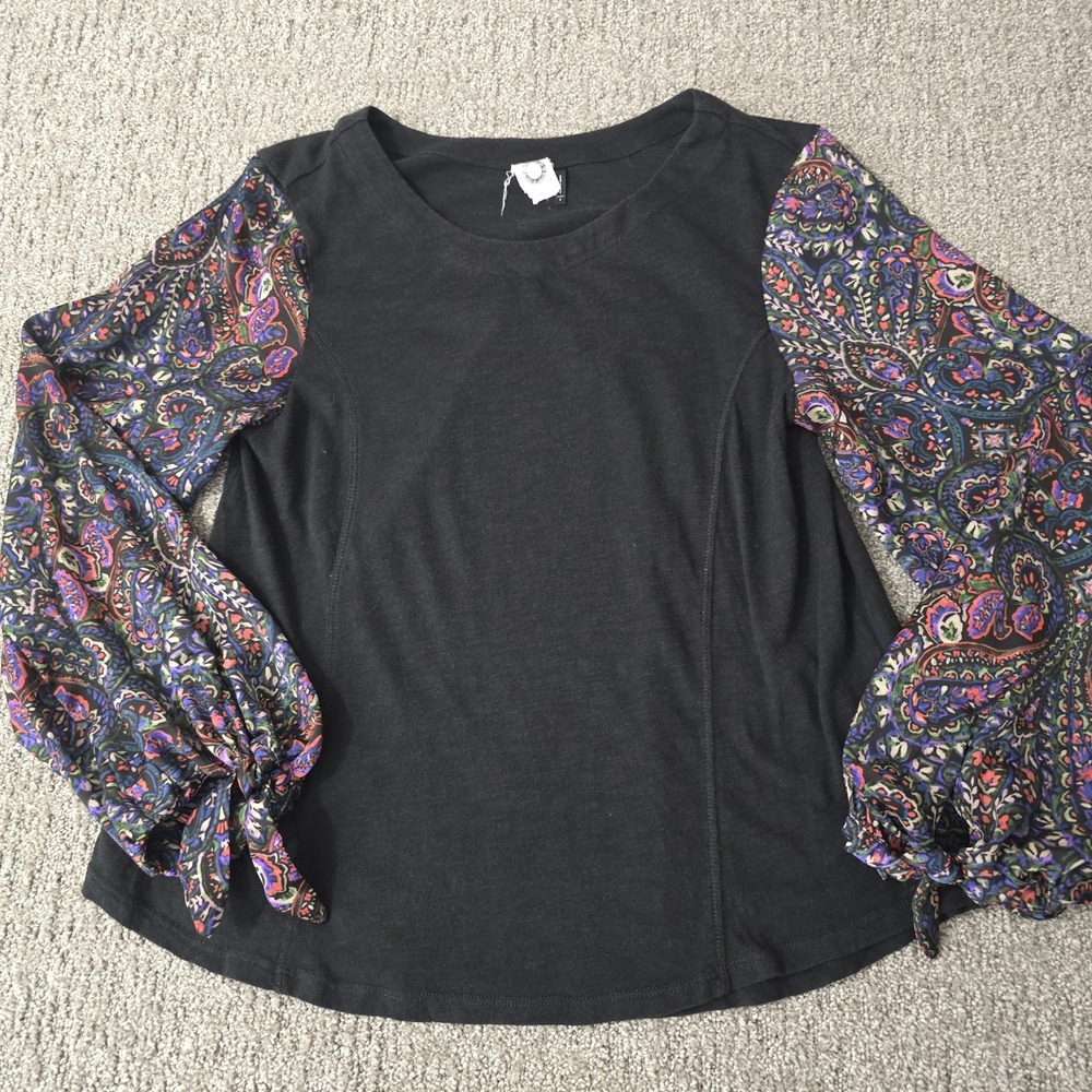 Anthropologie Kimi + Kin S Black Paisley Balloon Sleeve Tie Cuff Boho Top